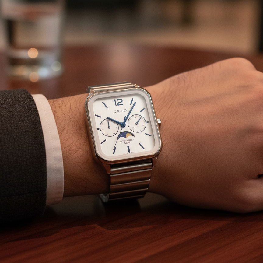 Casio Standard Analog Moon Phase Silver Dial Quartz MTP-M305D-7A Men's Watch — lifestyle