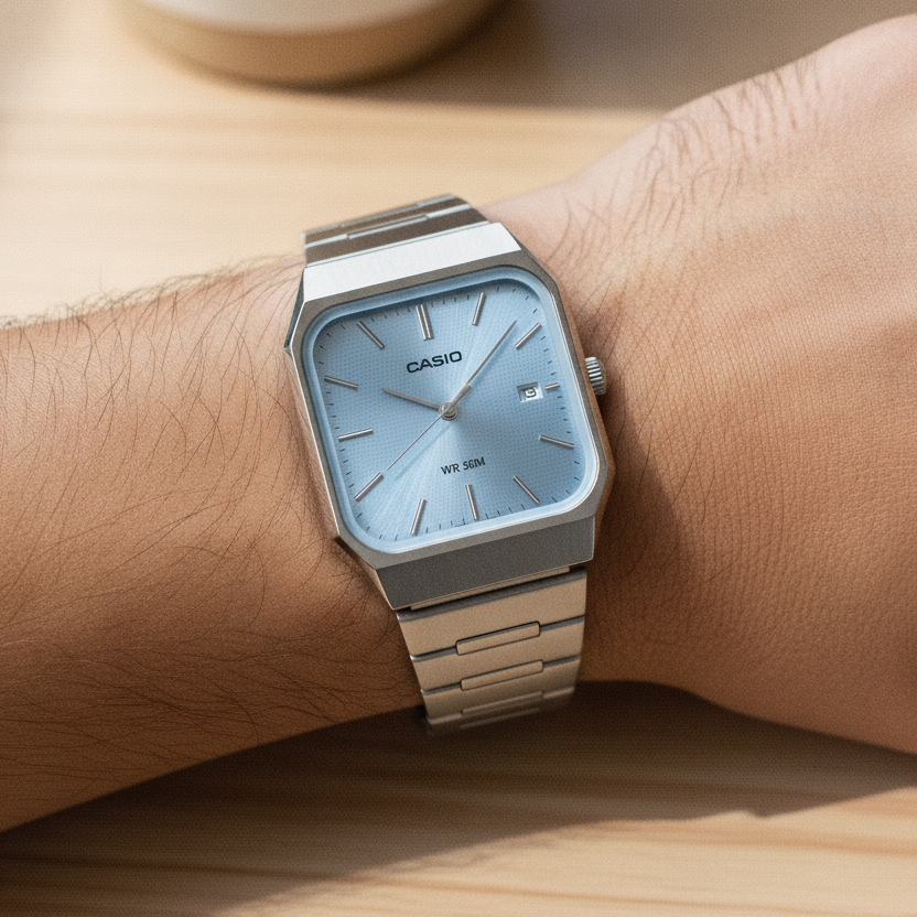 Casio Standard Analog Stainless Steel Ice Blue Dial Quartz MTP-B185D-2A2V Men's Watch — lifestyle