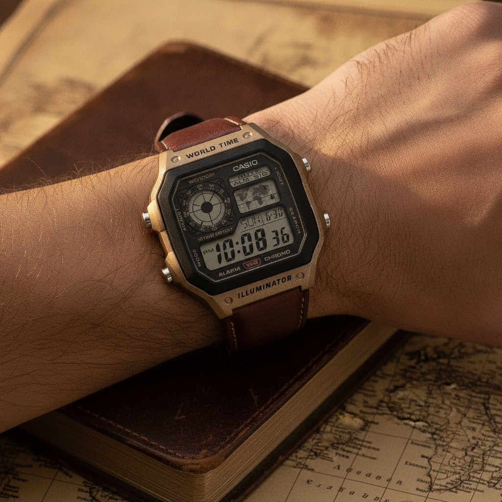 Casio Standard Digital World Time Leather Strap Quartz AE-1200WHL-5AV 100M Men's Watch — lifestyle