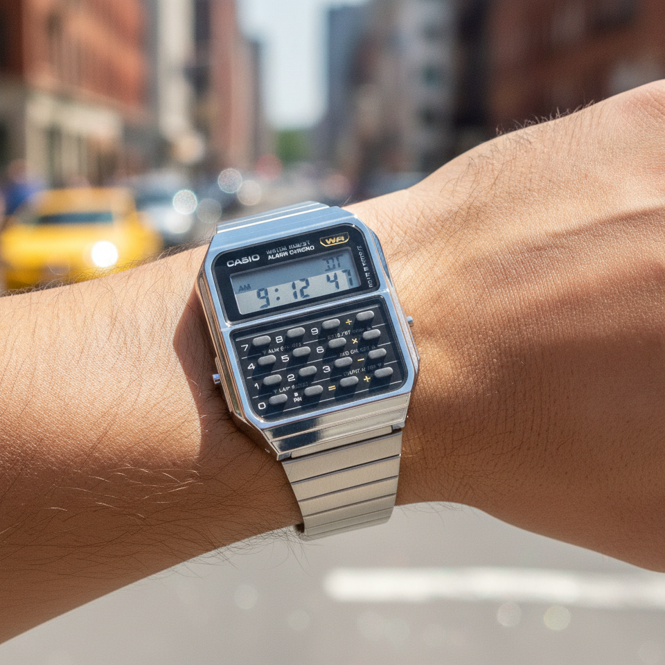 Casio Vintage Digital Calculator Stainless Steel Quartz CA-500WE-1A Men's Watch — lifestyle
