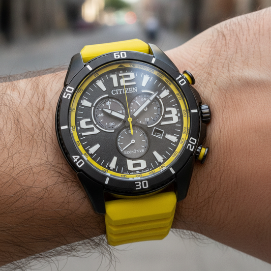 Citizen Brycen Chronograph Silicone Strap Black Dial Eco-Drive AT2585-08E 100M Men's Watch — lifestyle