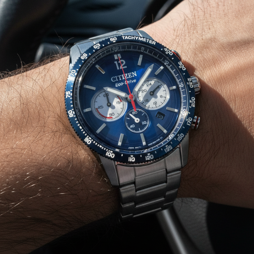 Citizen Eco-Drive Chronograph Stainless Steel Navy Blue Dial CA4716-50L 100M Men's Watch — lifestyle