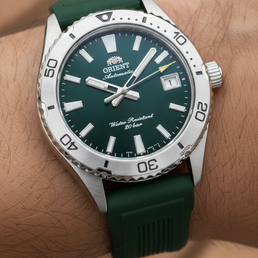 Orient Mako Silicone Strap Green Dial Automatic Diver's RA-AC0Q11E 200M Men's Watch — lifestyle