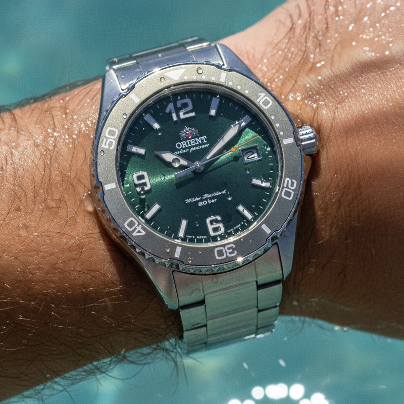 Orient Sport Stainless Steel Green Dial Solar Diver's RA-WJ0001E 200M Men's Watch — lifestyle
