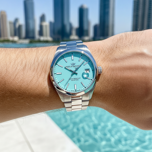 Philip Watch Swiss Made Caribe Urban Stainless Steel Turquoise Dial Quartz R8253597642 100M Men's Watch — lifestyle