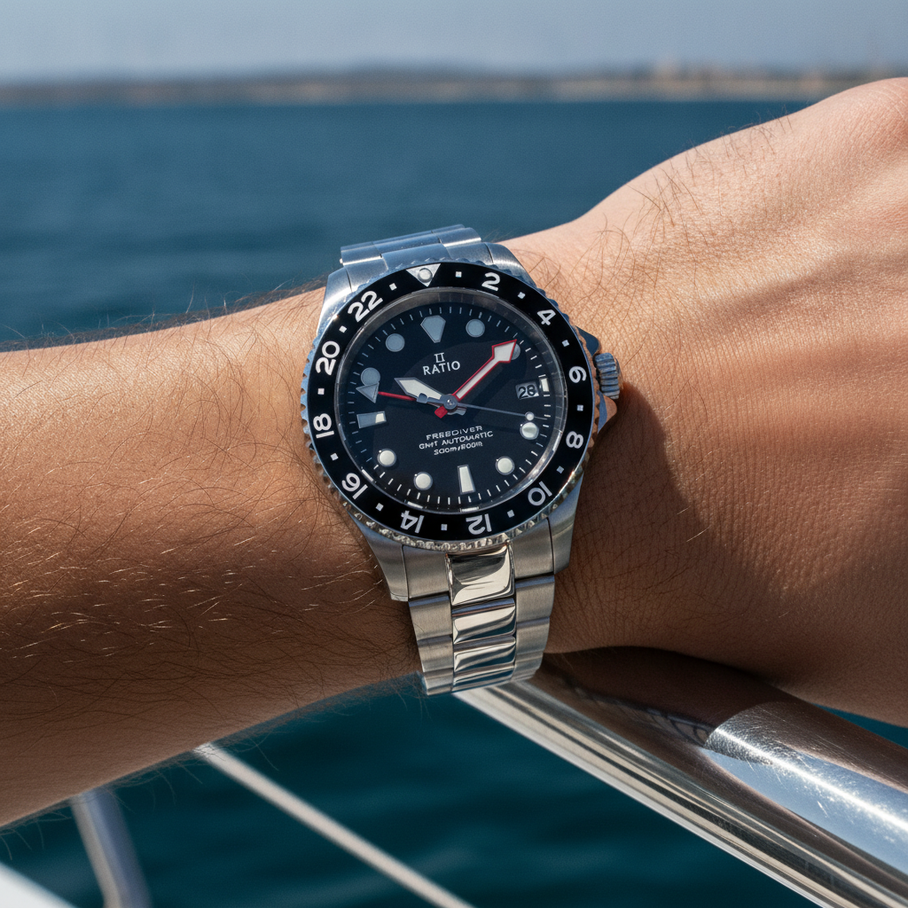 Ratio FreeDiver GMT Series Sapphire Stainless Steel Black Dial Automatic RTF051 200M Men's Watch — lifestyle