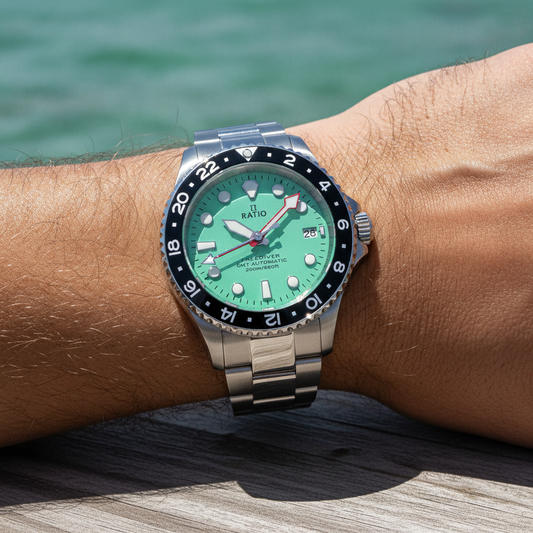 Ratio FreeDiver GMT Series Sapphire Stainless Steel Green Dial Automatic RTF059 200M Men's Watch — lifestyle