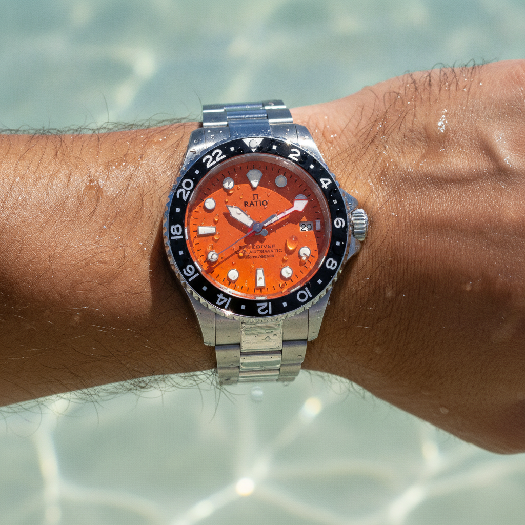Ratio FreeDiver GMT Series Sapphire Stainless Steel Orange Dial Automatic RTF055 200M Men's Watch — lifestyle