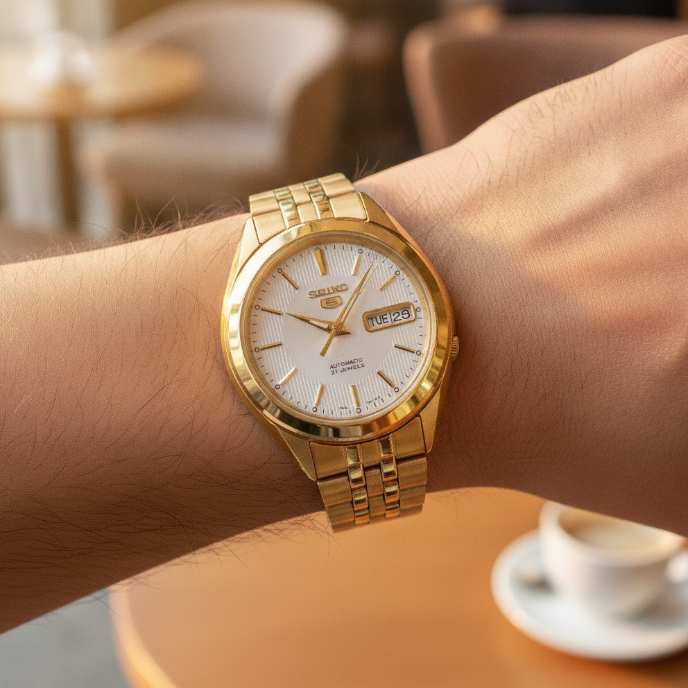 Seiko 5 Gold Tone Stainless Steel White Dial 21 Jewels Automatic SNKL26K1 Men's Watch — lifestyle