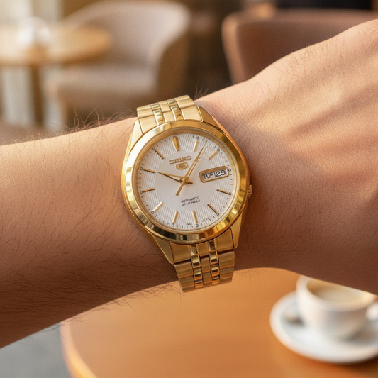 Seiko 5 Gold Tone Stainless Steel White Dial 21 Jewels Automatic SNKL26K1 Men's Watch — lifestyle