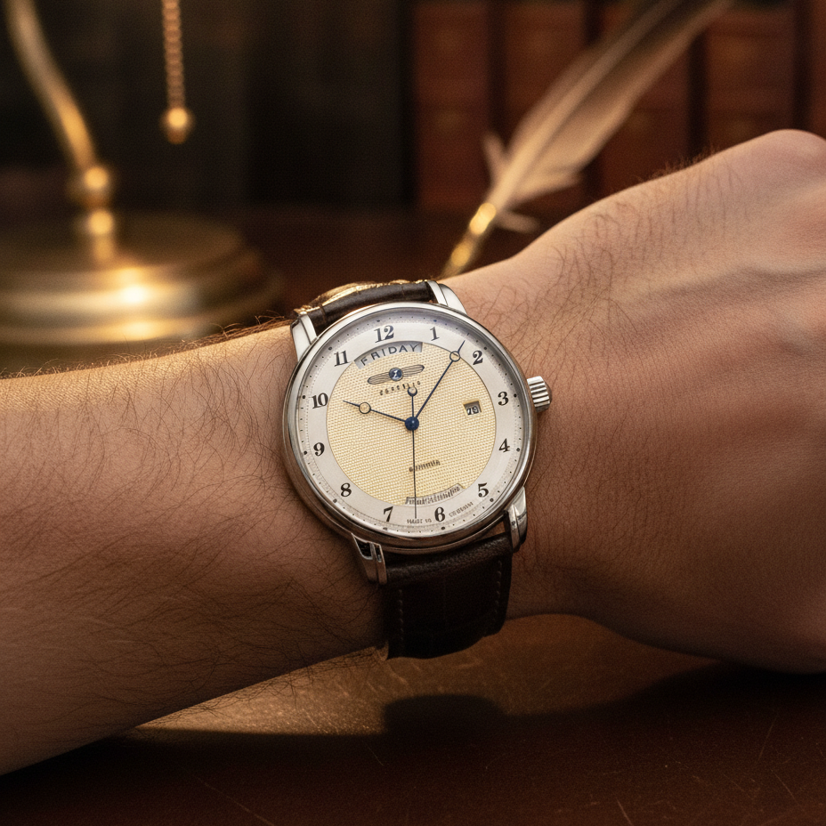 Zeppelin Friedrichshafen Brown Leather Strap Gold Dial Automatic 85625 Men's Watch — lifestyle