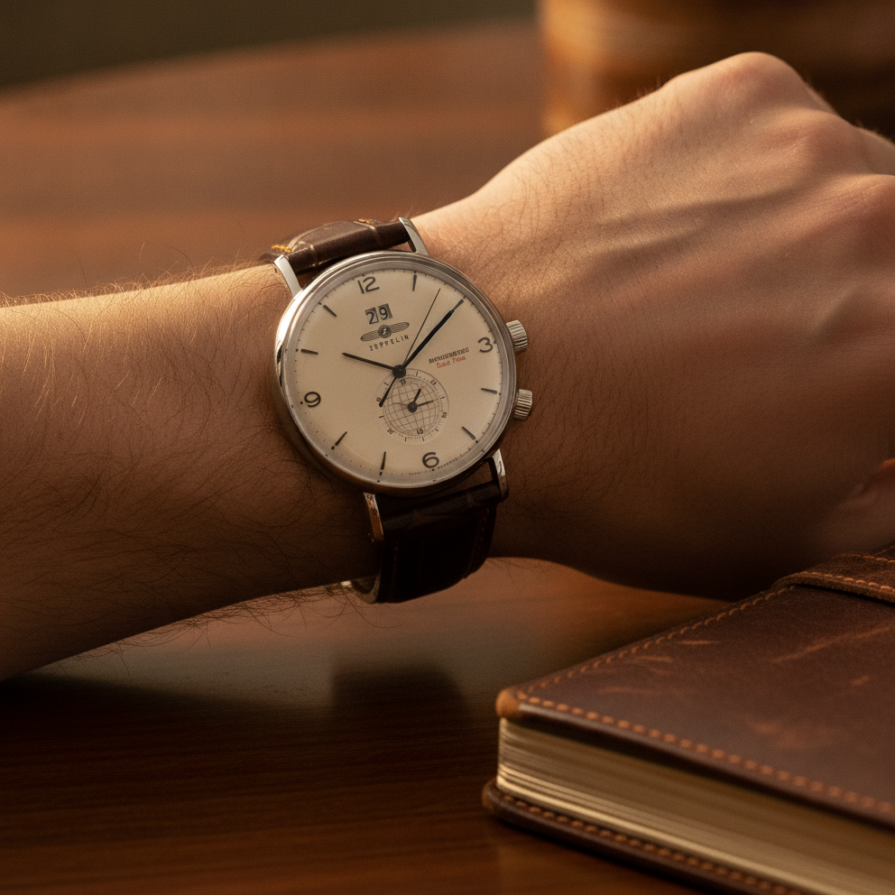 Zeppelin Hindenburg Brown Leather Strap Beige Dial Quartz 80445 Men's Watch — lifestyle