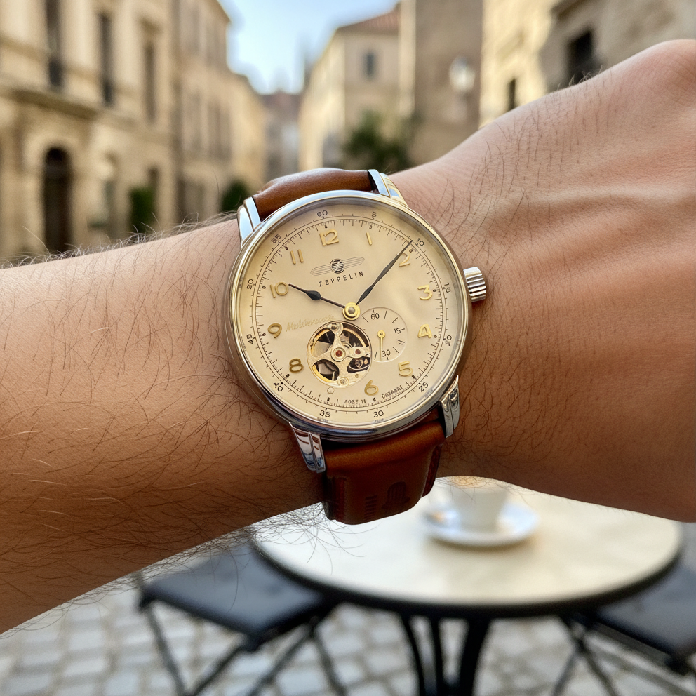 Zeppelin Mediterranee Leather Strap Open Heart Beige Dial Automatic 96665 Men's Watch — lifestyle
