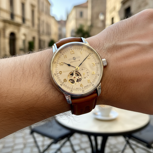 Zeppelin Mediterranee Leather Strap Open Heart Beige Dial Automatic 96665 Men's Watch — lifestyle